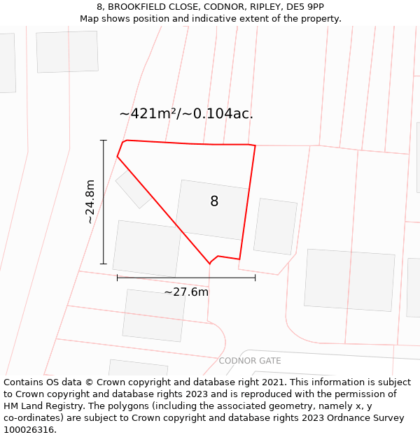 8, BROOKFIELD CLOSE, CODNOR, RIPLEY, DE5 9PP: Plot and title map