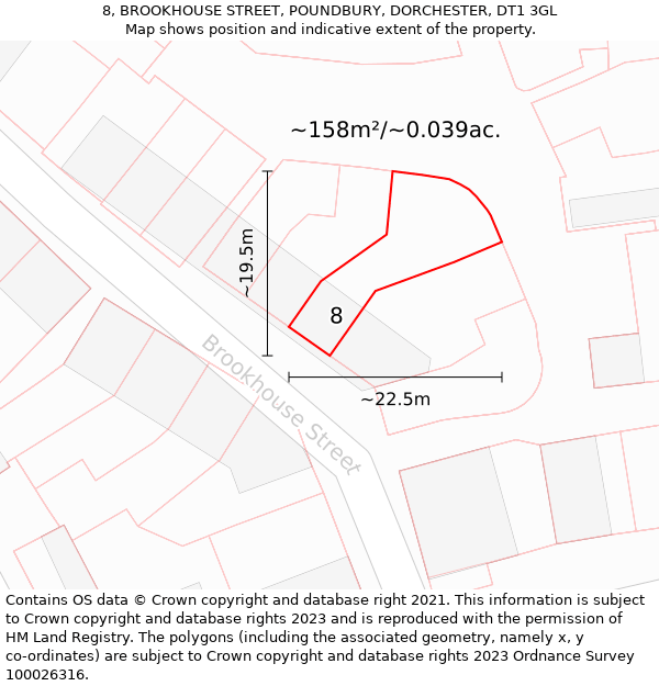 8, BROOKHOUSE STREET, POUNDBURY, DORCHESTER, DT1 3GL: Plot and title map