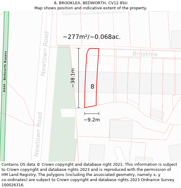 8, BROOKLEA, BEDWORTH, CV12 8SU: Plot and title map