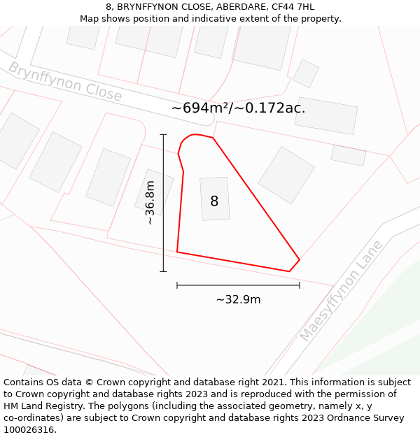 8, BRYNFFYNON CLOSE, ABERDARE, CF44 7HL: Plot and title map