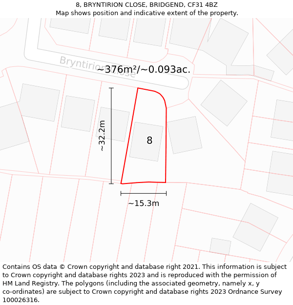 8, BRYNTIRION CLOSE, BRIDGEND, CF31 4BZ: Plot and title map