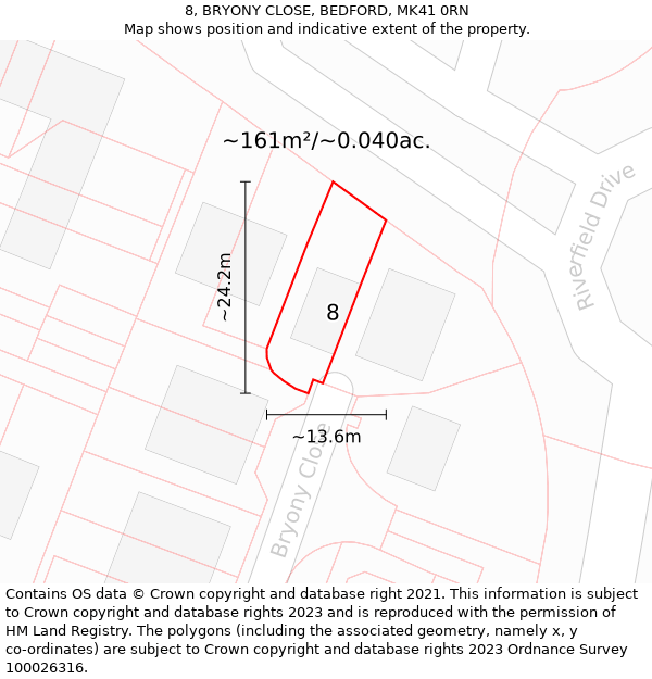 8, BRYONY CLOSE, BEDFORD, MK41 0RN: Plot and title map