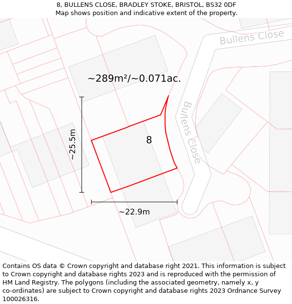 8, BULLENS CLOSE, BRADLEY STOKE, BRISTOL, BS32 0DF: Plot and title map