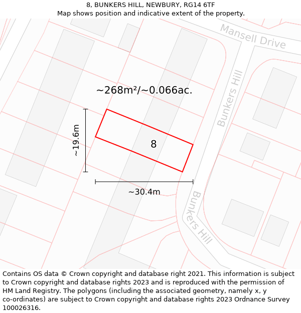 8, BUNKERS HILL, NEWBURY, RG14 6TF: Plot and title map