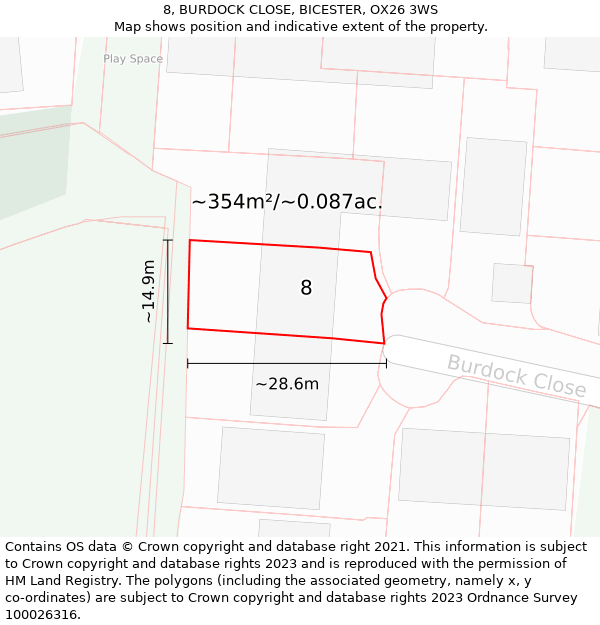 8, BURDOCK CLOSE, BICESTER, OX26 3WS: Plot and title map