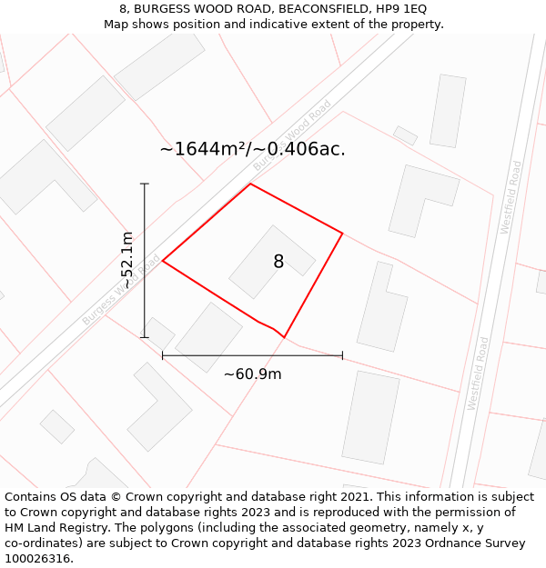 8, BURGESS WOOD ROAD, BEACONSFIELD, HP9 1EQ: Plot and title map