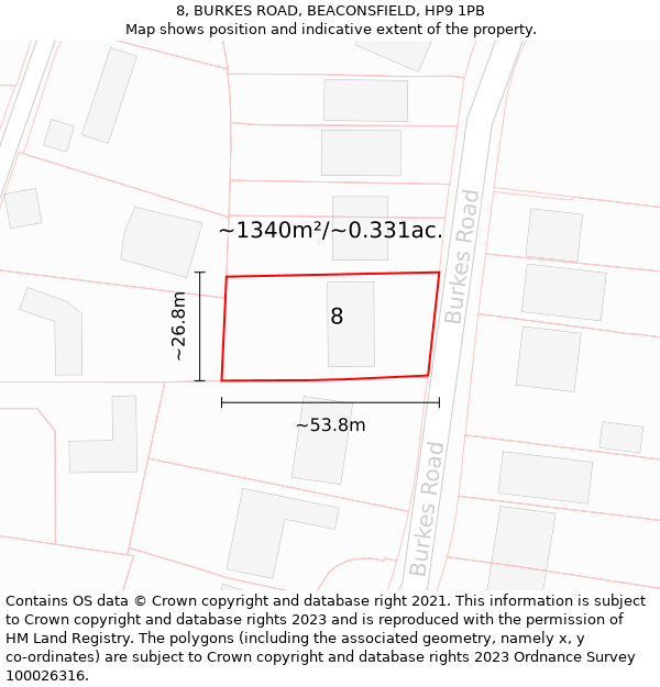 8, BURKES ROAD, BEACONSFIELD, HP9 1PB: Plot and title map