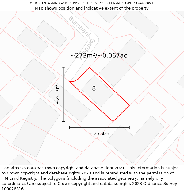 8, BURNBANK GARDENS, TOTTON, SOUTHAMPTON, SO40 8WE: Plot and title map