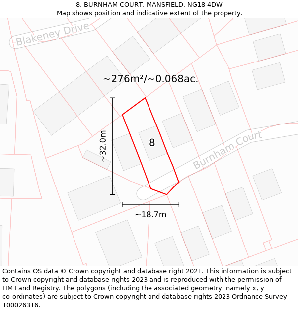 8, BURNHAM COURT, MANSFIELD, NG18 4DW: Plot and title map