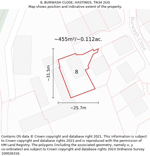 8, BURWASH CLOSE, HASTINGS, TN34 2UG: Plot and title map