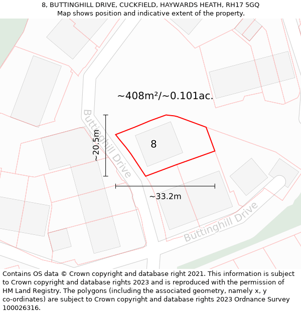 8, BUTTINGHILL DRIVE, CUCKFIELD, HAYWARDS HEATH, RH17 5GQ: Plot and title map