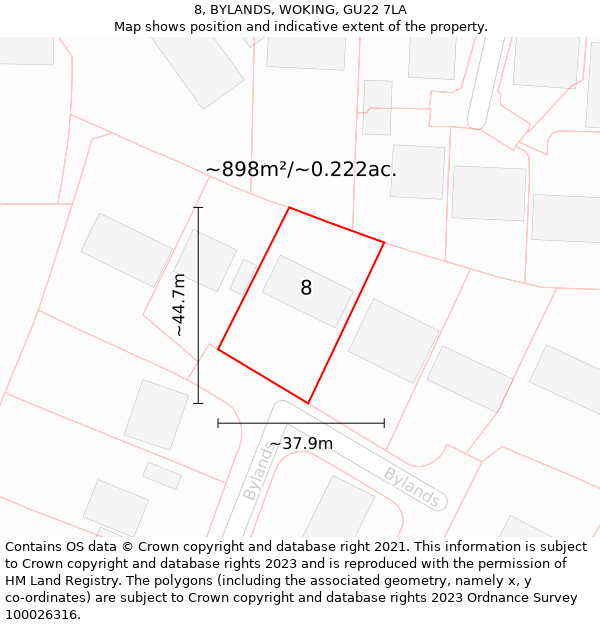 8, BYLANDS, WOKING, GU22 7LA: Plot and title map