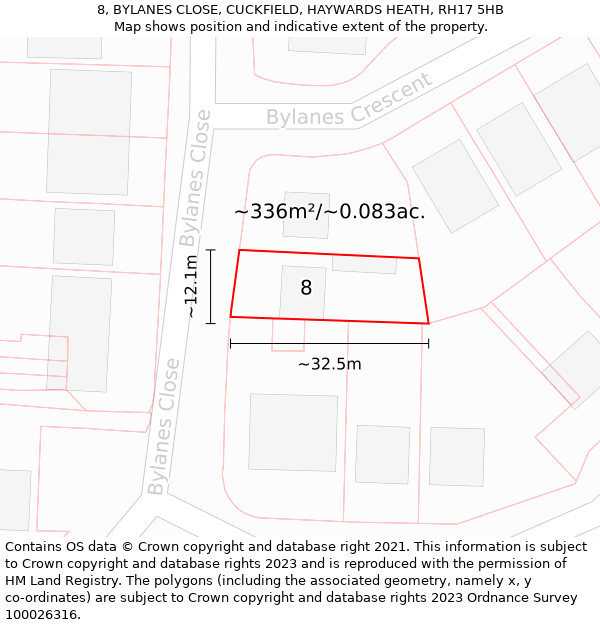 8, BYLANES CLOSE, CUCKFIELD, HAYWARDS HEATH, RH17 5HB: Plot and title map