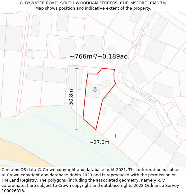 8, BYWATER ROAD, SOUTH WOODHAM FERRERS, CHELMSFORD, CM3 7AJ: Plot and title map