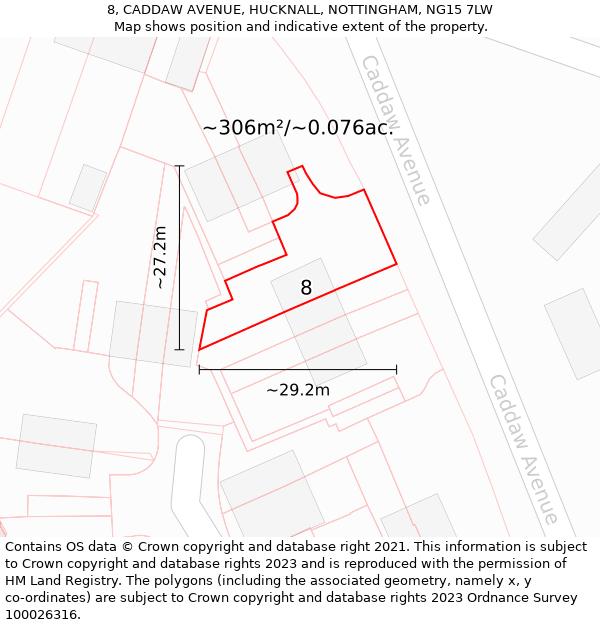 8, CADDAW AVENUE, HUCKNALL, NOTTINGHAM, NG15 7LW: Plot and title map