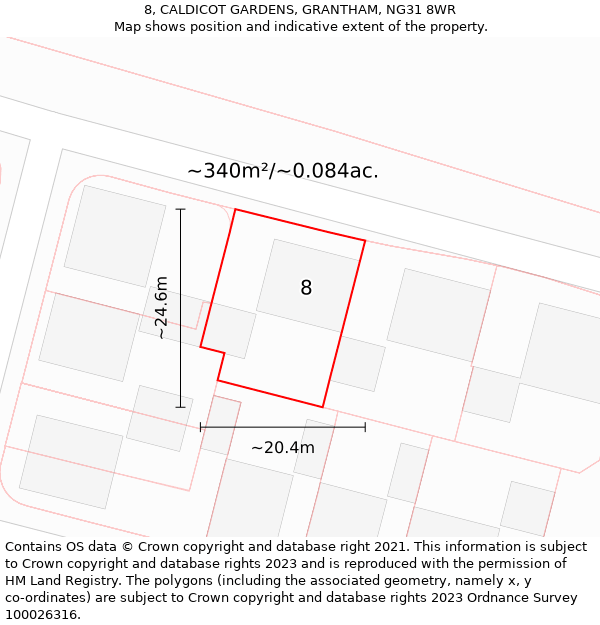 8, CALDICOT GARDENS, GRANTHAM, NG31 8WR: Plot and title map