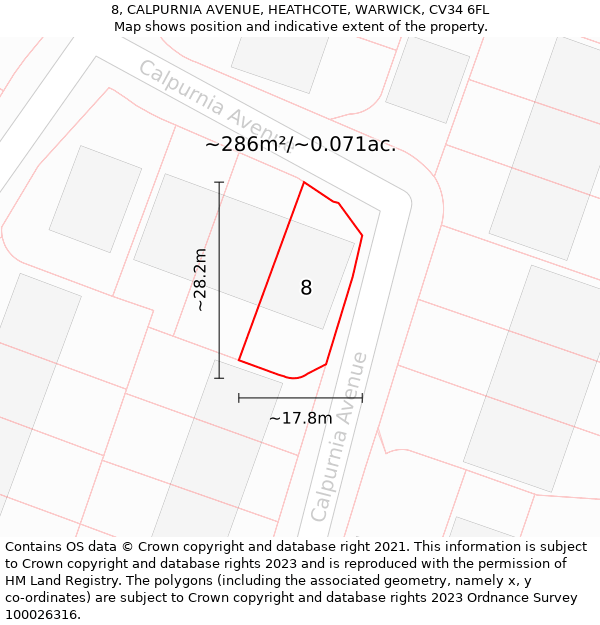 8, CALPURNIA AVENUE, HEATHCOTE, WARWICK, CV34 6FL: Plot and title map