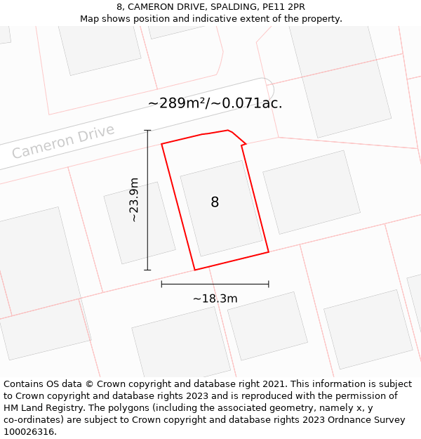 8, CAMERON DRIVE, SPALDING, PE11 2PR: Plot and title map