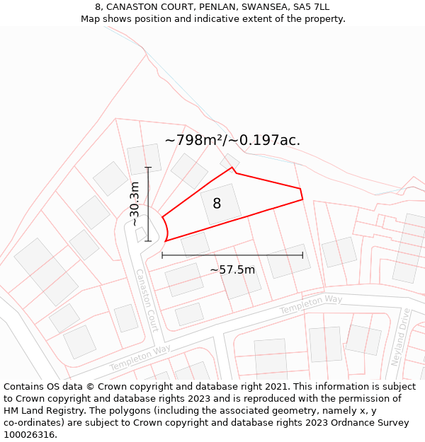 8, CANASTON COURT, PENLAN, SWANSEA, SA5 7LL: Plot and title map