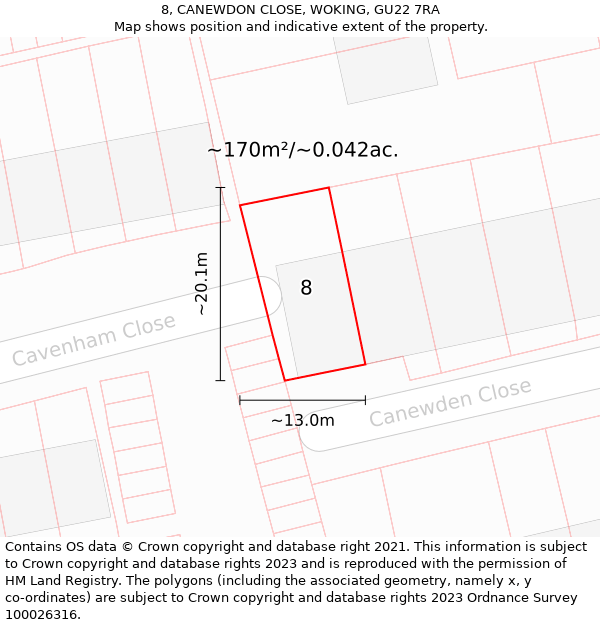 8, CANEWDON CLOSE, WOKING, GU22 7RA: Plot and title map