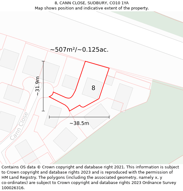 8, CANN CLOSE, SUDBURY, CO10 1YA: Plot and title map