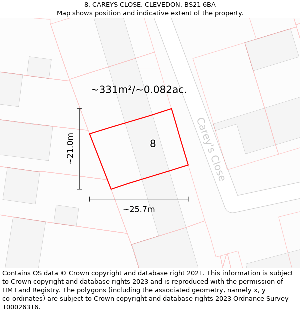 8, CAREYS CLOSE, CLEVEDON, BS21 6BA: Plot and title map
