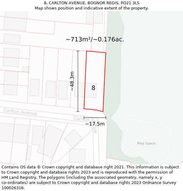 8, CARLTON AVENUE, BOGNOR REGIS, PO21 3LS: Plot and title map