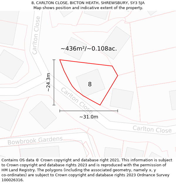 8, CARLTON CLOSE, BICTON HEATH, SHREWSBURY, SY3 5JA: Plot and title map