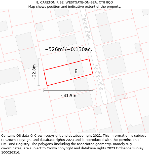 8, CARLTON RISE, WESTGATE-ON-SEA, CT8 8QD: Plot and title map