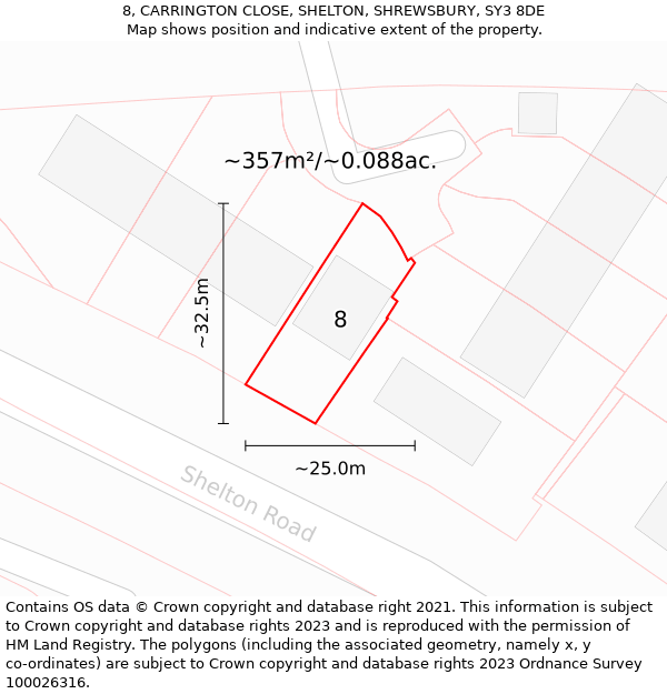 8, CARRINGTON CLOSE, SHELTON, SHREWSBURY, SY3 8DE: Plot and title map