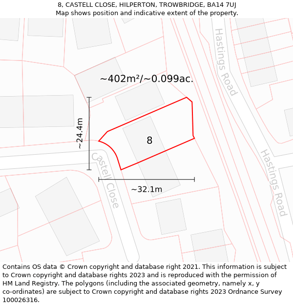 8, CASTELL CLOSE, HILPERTON, TROWBRIDGE, BA14 7UJ: Plot and title map