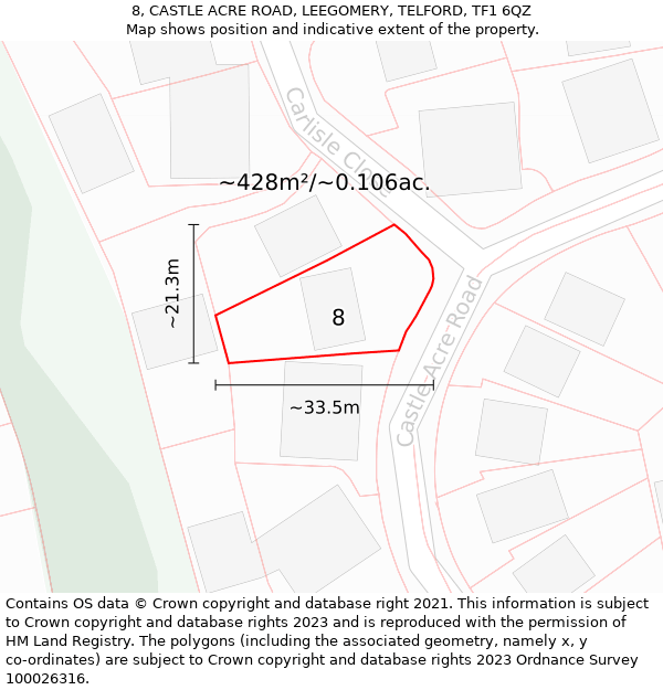 8, CASTLE ACRE ROAD, LEEGOMERY, TELFORD, TF1 6QZ: Plot and title map