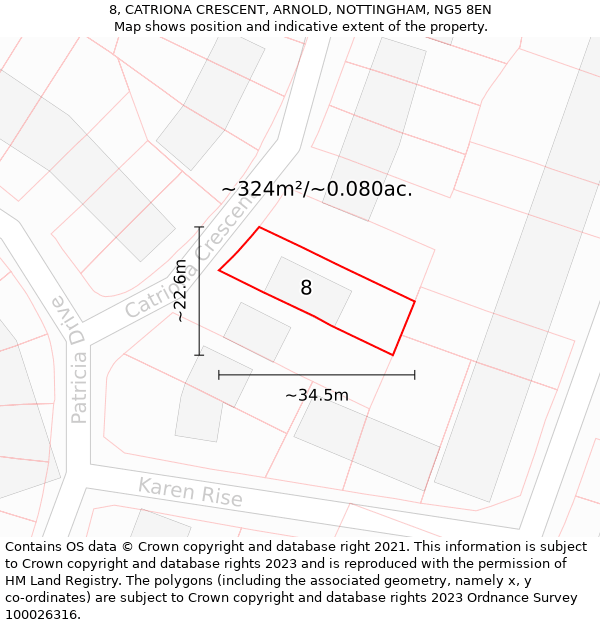 8, CATRIONA CRESCENT, ARNOLD, NOTTINGHAM, NG5 8EN: Plot and title map