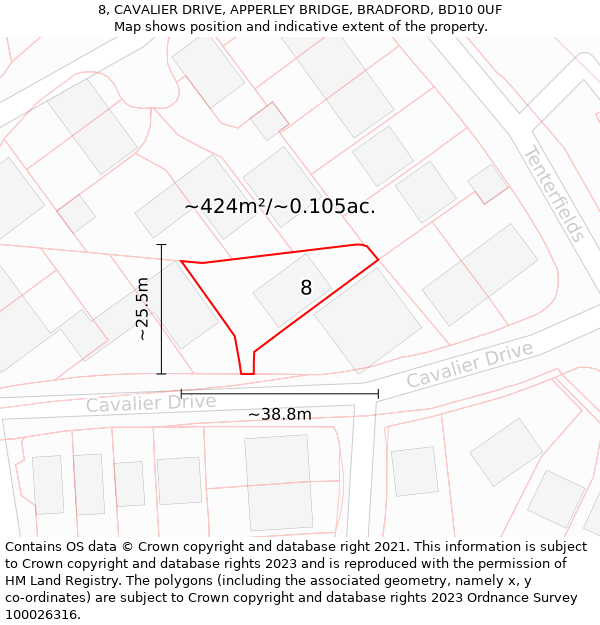 8, CAVALIER DRIVE, APPERLEY BRIDGE, BRADFORD, BD10 0UF: Plot and title map