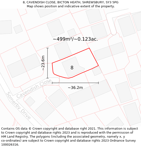 8, CAVENDISH CLOSE, BICTON HEATH, SHREWSBURY, SY3 5PG: Plot and title map