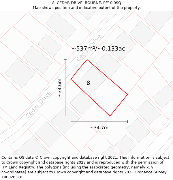 8, CEDAR DRIVE, BOURNE, PE10 9SQ: Plot and title map