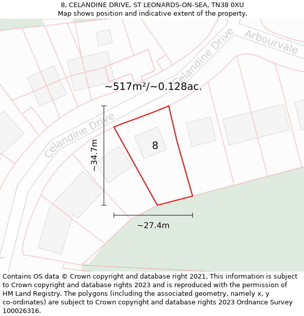 8, CELANDINE DRIVE, ST LEONARDS-ON-SEA, TN38 0XU: Plot and title map