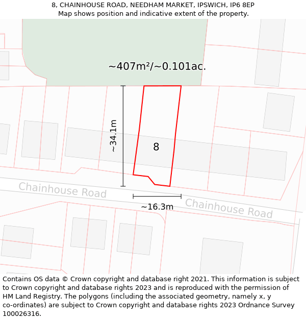 8, CHAINHOUSE ROAD, NEEDHAM MARKET, IPSWICH, IP6 8EP: Plot and title map