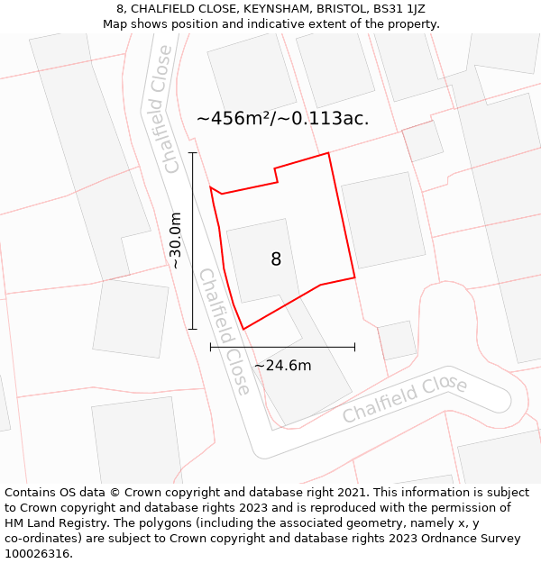 8, CHALFIELD CLOSE, KEYNSHAM, BRISTOL, BS31 1JZ: Plot and title map