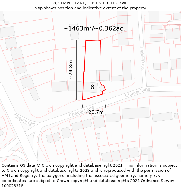 8, CHAPEL LANE, LEICESTER, LE2 3WE: Plot and title map
