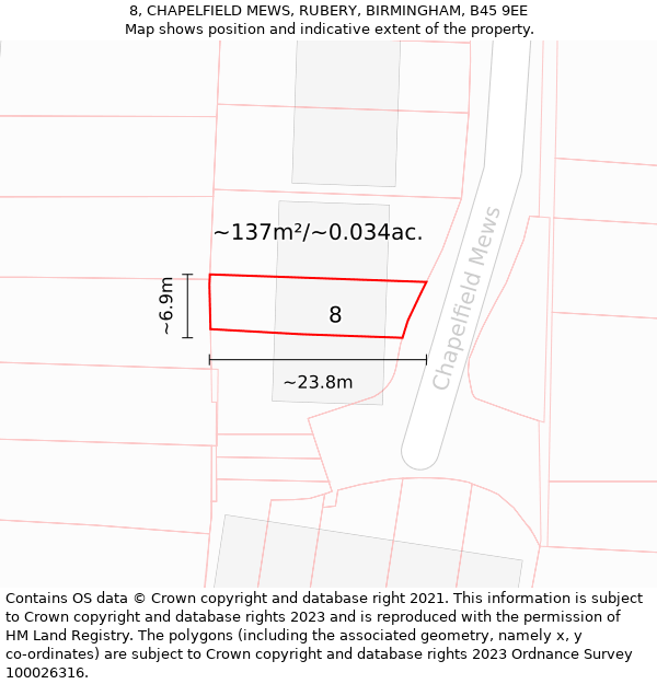 8, CHAPELFIELD MEWS, RUBERY, BIRMINGHAM, B45 9EE: Plot and title map