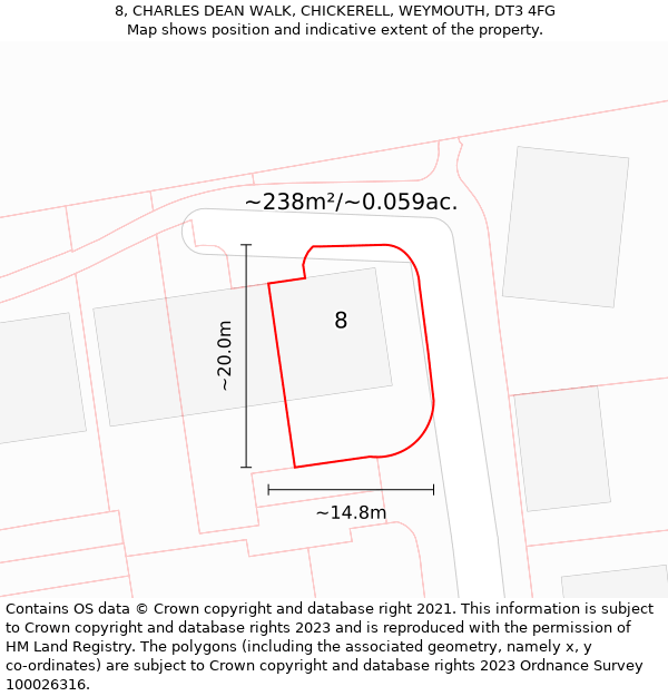 8, CHARLES DEAN WALK, CHICKERELL, WEYMOUTH, DT3 4FG: Plot and title map