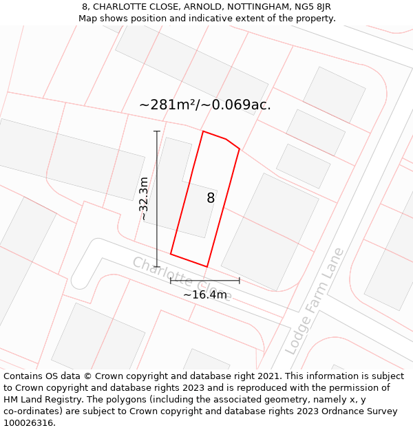 8, CHARLOTTE CLOSE, ARNOLD, NOTTINGHAM, NG5 8JR: Plot and title map