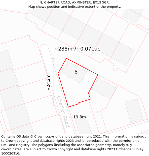 8, CHARTER ROAD, AXMINSTER, EX13 5GR: Plot and title map