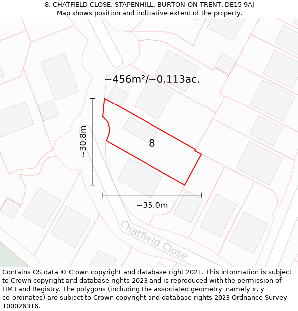 8, CHATFIELD CLOSE, STAPENHILL, BURTON-ON-TRENT, DE15 9AJ: Plot and title map