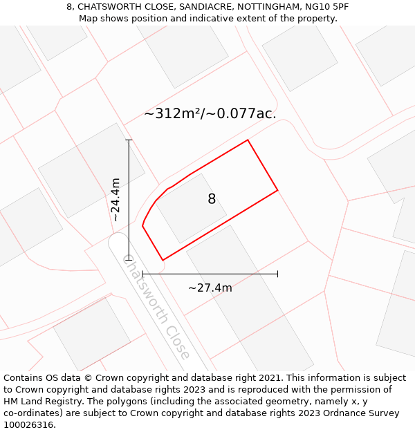 8, CHATSWORTH CLOSE, SANDIACRE, NOTTINGHAM, NG10 5PF: Plot and title map