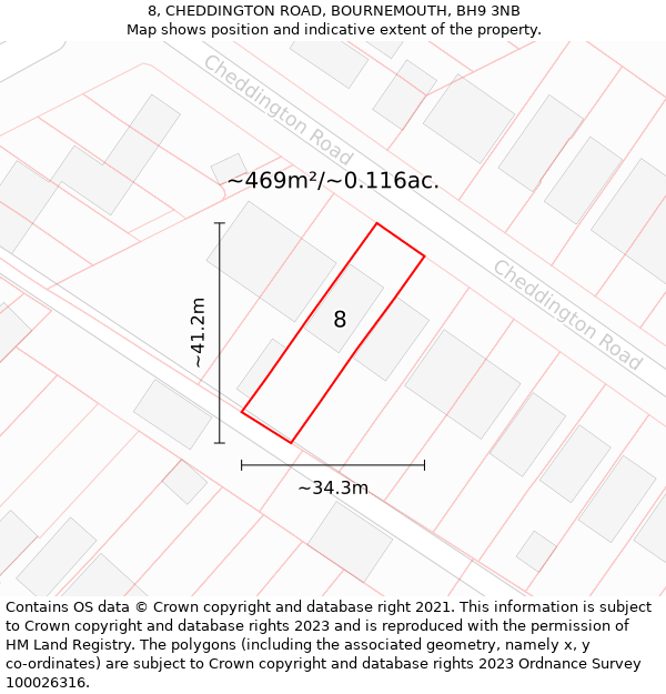 8, CHEDDINGTON ROAD, BOURNEMOUTH, BH9 3NB: Plot and title map