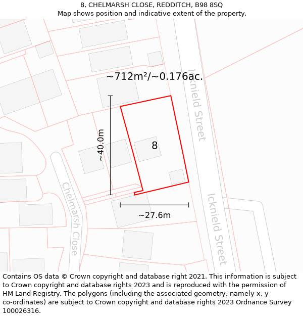 8, CHELMARSH CLOSE, REDDITCH, B98 8SQ: Plot and title map