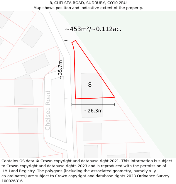 8, CHELSEA ROAD, SUDBURY, CO10 2RU: Plot and title map