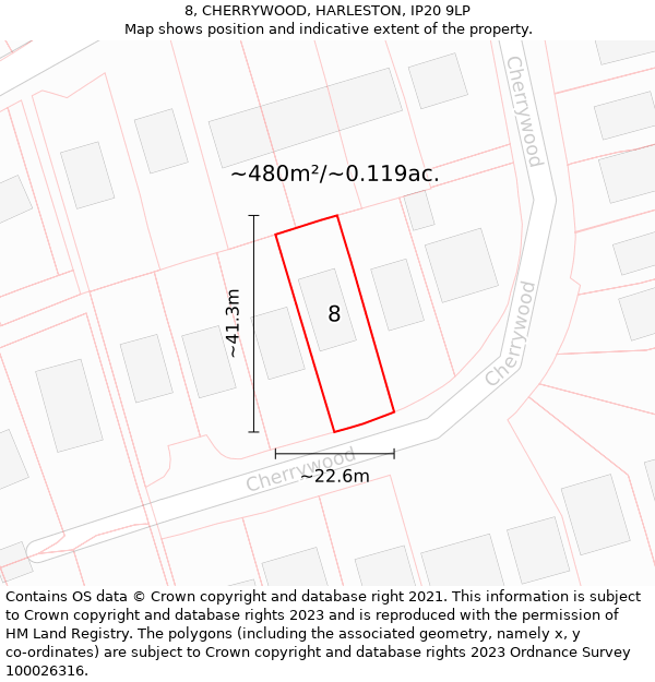 8, CHERRYWOOD, HARLESTON, IP20 9LP: Plot and title map